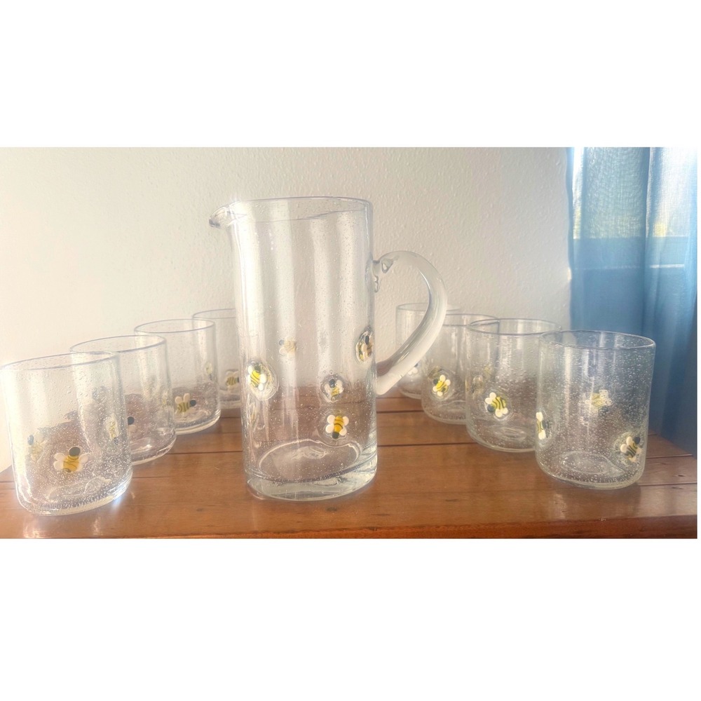 Anthropologie Lola Bee Icon Collection  Bubble Glass Honeybee Pitcher 8 Glasses